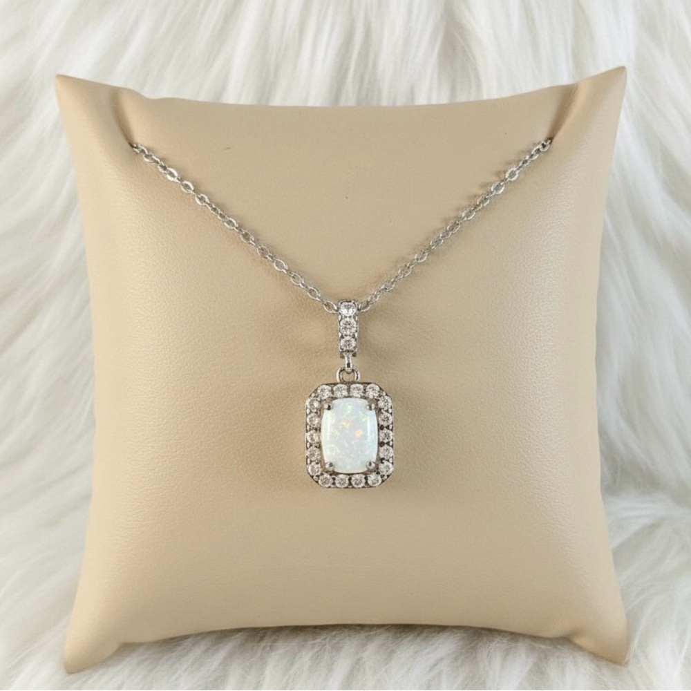 NWT 925 Sterling Silver  Opal and White Sapphire Halo Necklace 18”